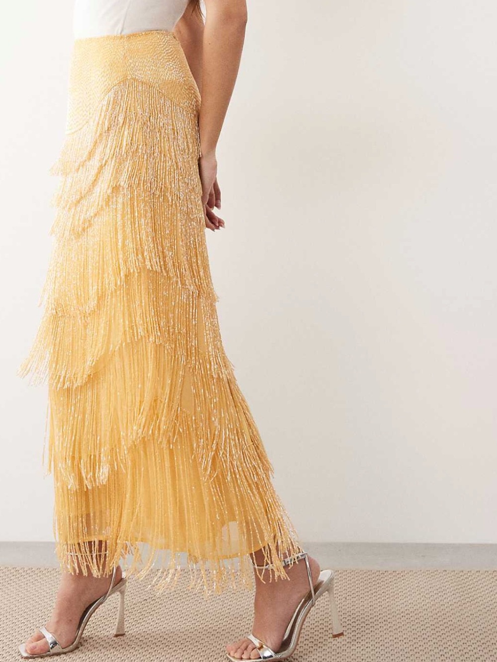 ASOS ARRANGE Yellow Beaded Fringe Midaxi Skirt US 6 Worn Once Sold Out